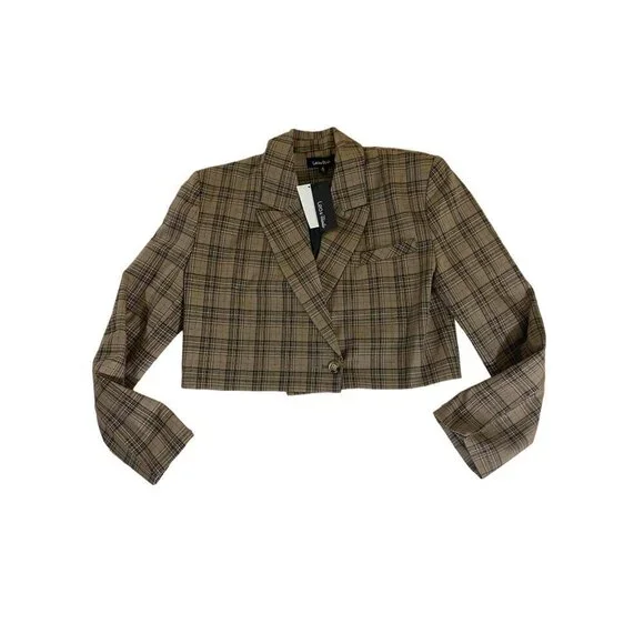NWT Lea & Viola Women's Brown Plaid Long Sleeve Crop Blazer - Small - Picture 2 of 14